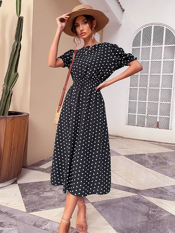 Polka Dot Classic Jewel Neck Short Sleeves Midi Dress