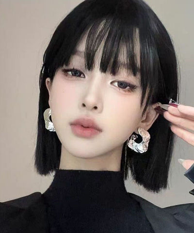 Boutique Silk Metal Asymmetrical Wrinkled Hoop Earrings