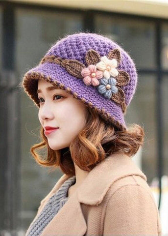 Gestrickte Damen Herbst und Winter Klassischer Plüsch-Eimerhut mit Blumenmuster 