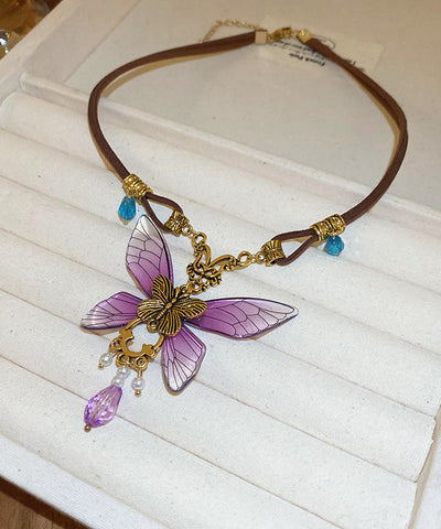 Collar vintage con colgante de mariposa de cristal de aleación de plata de ley morada 