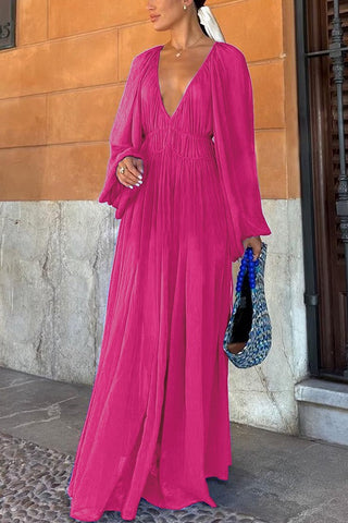 Vestido largo de gasa con cintura fruncida y fruncido 
