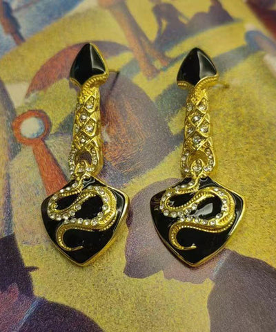 Vintage Schwarze Uraltgold Zirkon Asymmetrische Glasierte Serpentinen Form Tropfen Ohrringe 