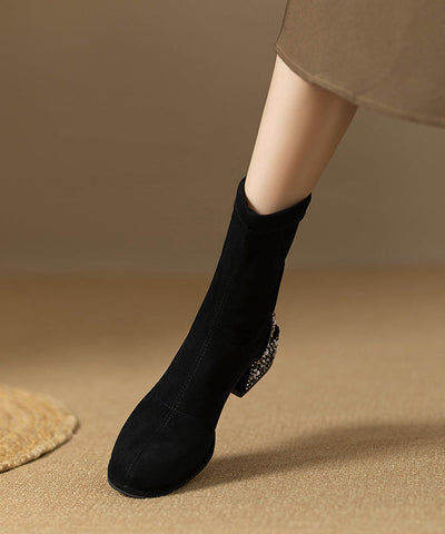 Stilvolle klobige Stiefel mit Zirkon-Spleißen aus schwarzem Wildleder 