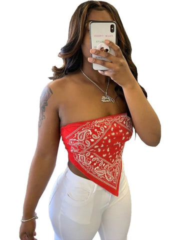 Lindo top corto con bandana estampada sexy para mujer, ropa de verano 2024, camisetas sin mangas con hombros descubiertos y espalda descubierta para mujer 