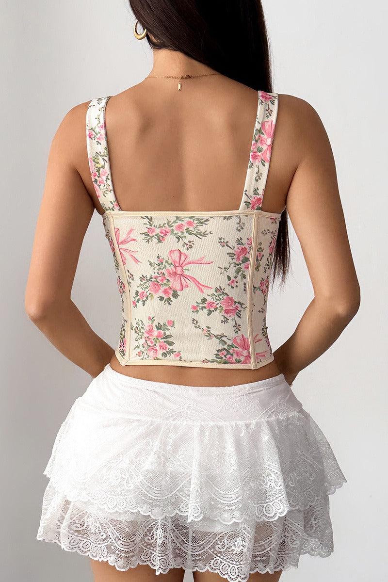Garden Floral Print Bone Tie Bow Cami Top