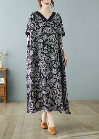Vestido azul marino holgado con escote en V, estampado, abertura lateral, manga corta 