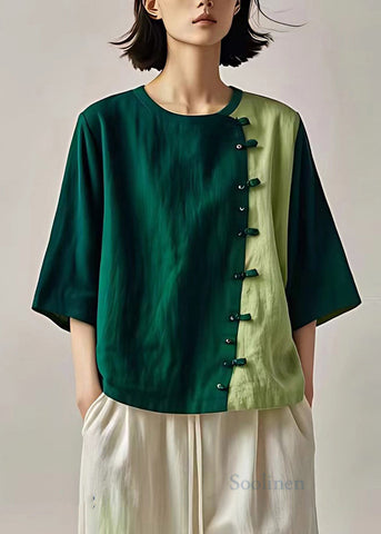 Dull Green Patchwork Linen Blouse Top Chinese Button Summer