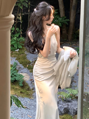 Nuevo vestido midi de verano para mujer, elegante, sin mangas, liso, con cuello halter, ajustado, de sirena, para fiesta de noche, vestido de graduación, vestido de una pieza 