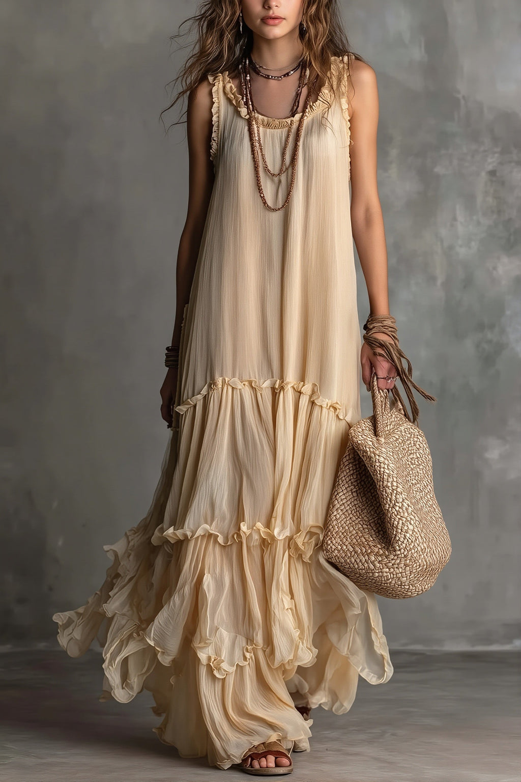 Solid Flowy Pleated Maxi Boho Dress
