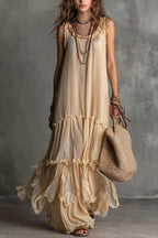 Solid Flowy Pleated Maxi Boho Dress