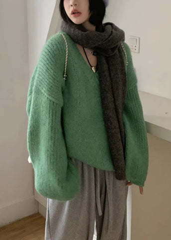 Suéter de punto de algodón liso con cuello en V verde para mujer, manga larga 