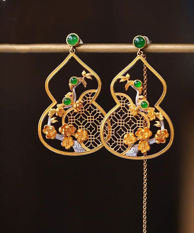Schicke, vergoldete, florale Tropfenohrringe aus Jade in Sterlingsilber 