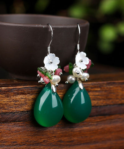 Pendientes colgantes de plata verde con incrustaciones de concha, flor de calcedonia y perla 