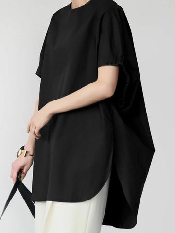 High-Low Loose Elasticity Solid Color Split-Side Rundhals-T-Shirts Tops 