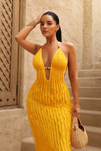 Elegant Jacquard Shutter Ruffle Backless Maxi Dress