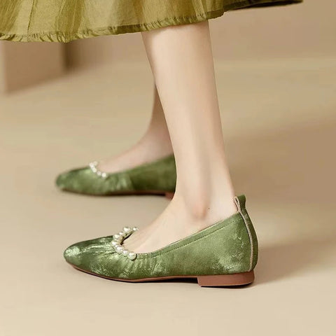 Zapatos planos con punta cuadrada y cuentas para mujer, zapatos de ballet elegantes y poco profundos con suela suave para baile, zapatos de fiesta de otoño 2024, zapatos cómodos. 