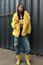 Yellow Faux Fur Open Front Coat