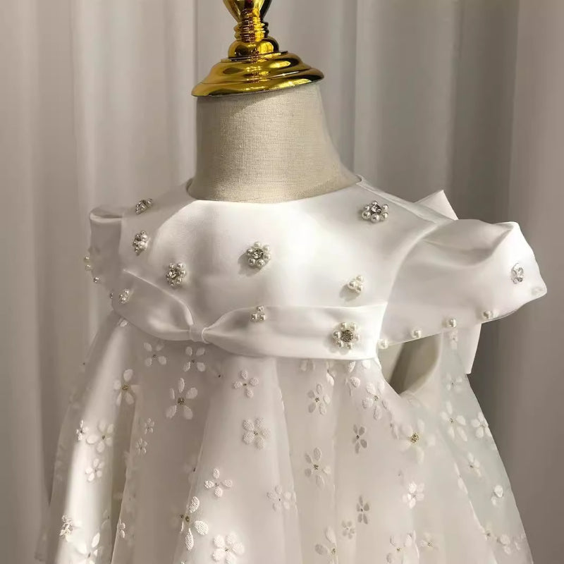 Elegante vestido de primera comunión de malla con flores para bebé, vestido de princesa hinchado para fiesta de niñas pequeñas 