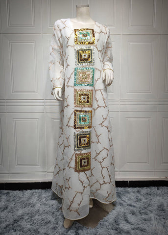 Kurzes weißes Maxikleid aus Tüll mit O-Ausschnitt und Blumenstickerei, lange Ärmel 