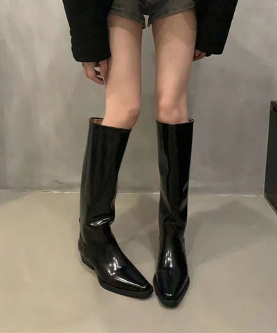Französische schwarze Ritterstiefel mit spitzer Zehenpartie für Herbst und Winter 