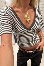 Striped V-Neck Colorblock T-shirt