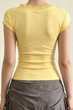 Solid Ruffle Splice V Neck Blouse