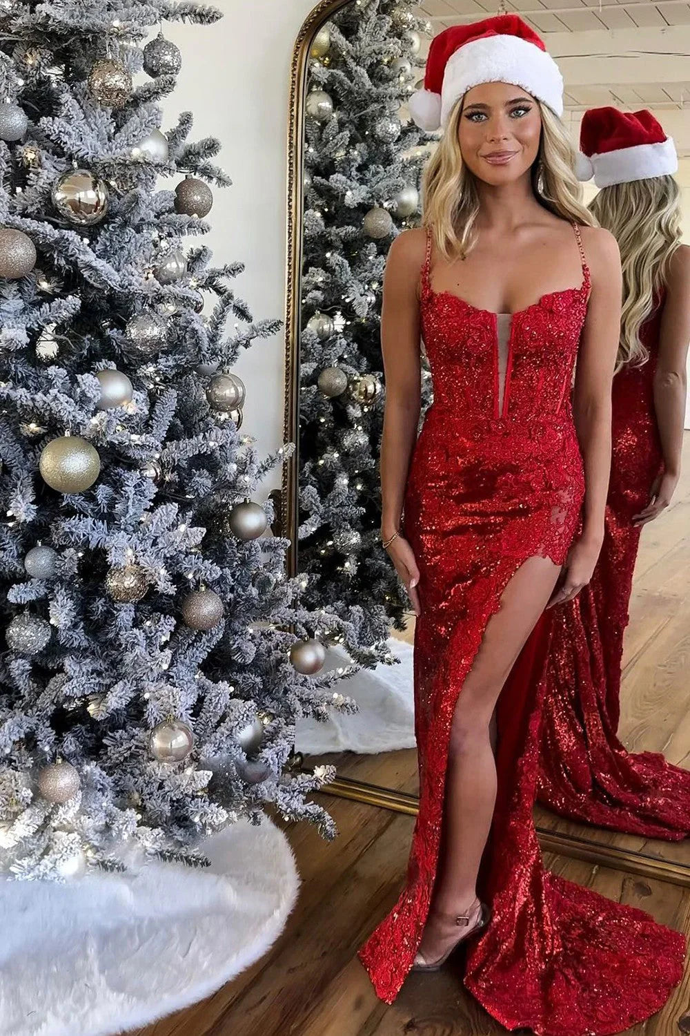 Mermaid Glitter Sparkly Spaghetti Straps Lace Up Long Corset Prom Dress With Split