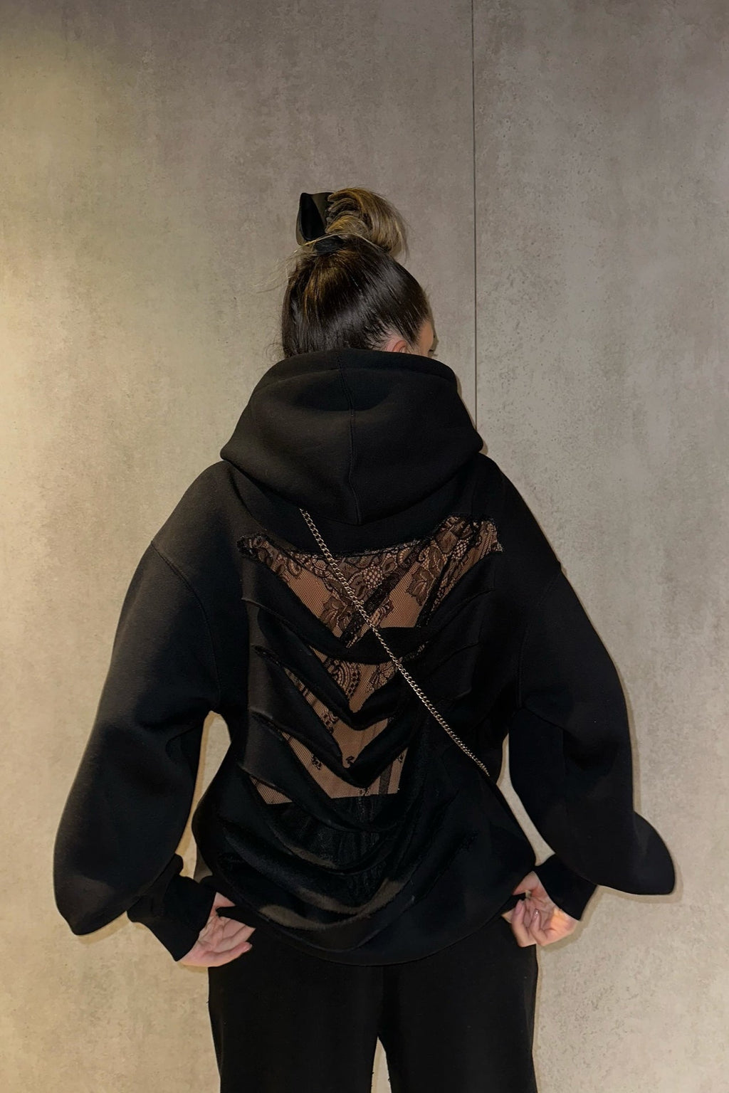 Lace Sheer Cutout Patchwork Hoodie