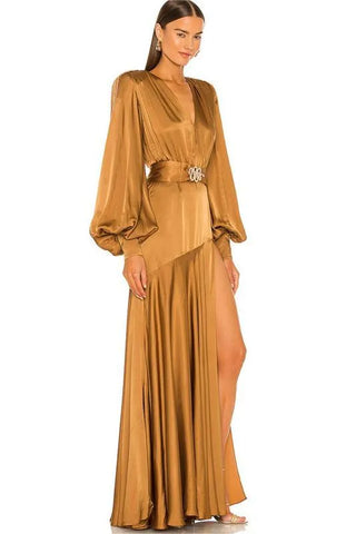 Maxikleid mit Laternenärmeln und V-Ausschnitt und Schlitz Gelb 