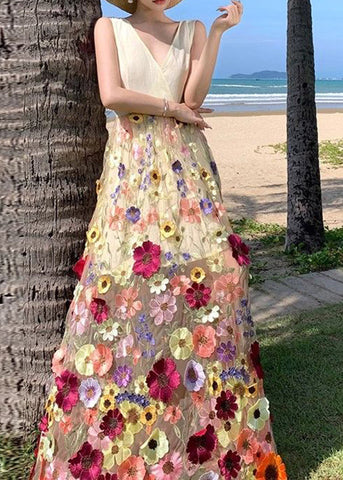 Bohemian V-Ausschnitt Tüll bestickt Patchwork Blumen Tüll Maxikleid Sommer 