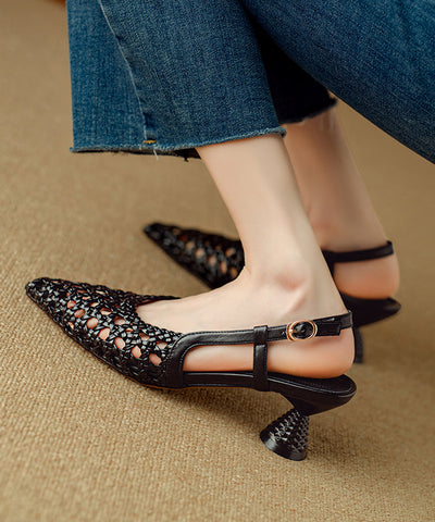 Edle beige Sandalen Splicing Kitten Hollow Out Sandalen Spitzschuh 