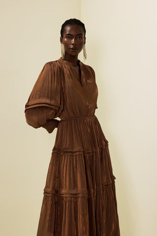 Pleat Lantern Sleeve V-Neck Midi Dress