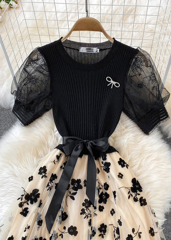 Vestido largo bohemio de tul con cuello redondo, lazo bordado en la cintura, de punto y patchwork, manga corta, color albaricoque 