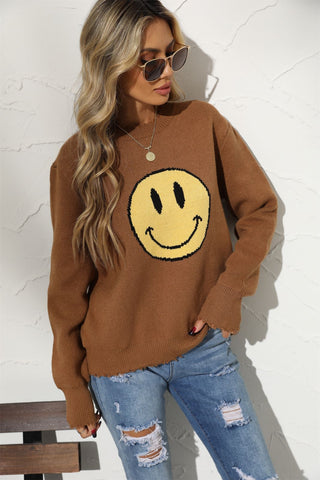 Suéter de punto holgado con cuello redondo de algodón y carita sonriente para mujer de oficina, estilo europeo 