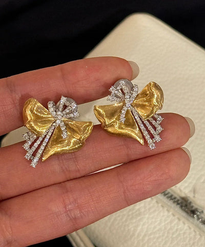 Boho Gold Alloy Asymmetrical Bow Zircon Silk Stud Earrings