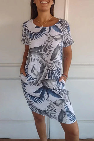 Vestido casual con estampado floral, cuello redondo y bolsillos 