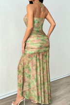 Sexy Floral Print Spaghetti Strap Split Underwire Boned Maxi Dress