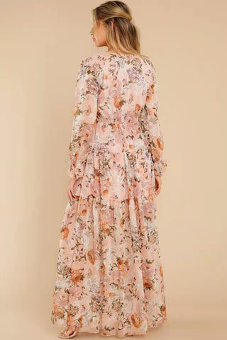 Floral Puff Sleeve V-Neck Ruffle Hem Maxi Dress