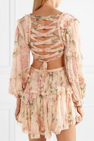 Floral Long Sleeve V-Neck Cut-Out Mini Dress