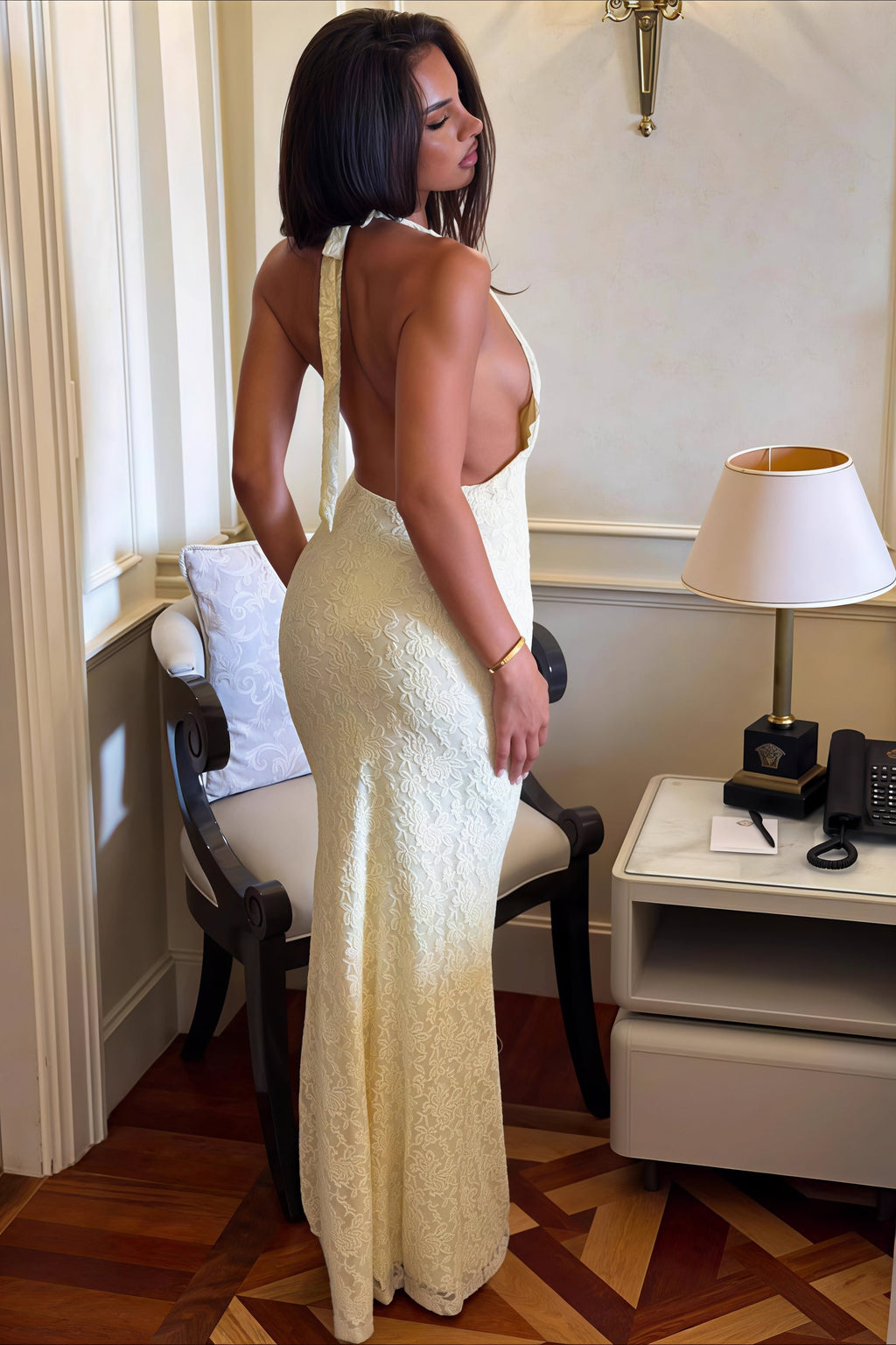 Lace Halter Tie Back Bodycon Maxi Dress