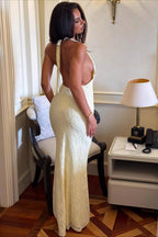 Lace Halter Tie Back Bodycon Maxi Dress