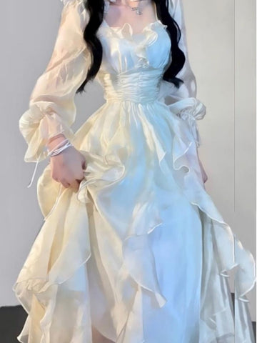 Elegante vestido de hada con volantes lisos, moda coreana, vestido midi ajustado de cintura A, vestido de fiesta de princesa para primavera y verano para mujer. 