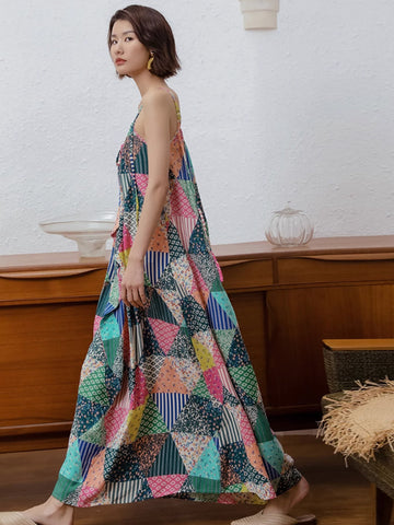 Women Summer Retro Triangle Floral Spliced Vest Dress