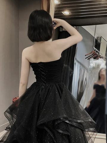 A-Line Sweetheart Neck Tulle Black Ruffle Tiered Ballgown Long Prom Dress