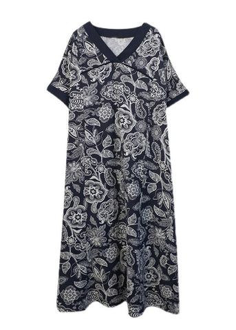 Vestido azul marino holgado con escote en V, estampado, abertura lateral, manga corta 