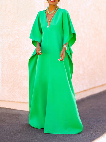 Batwing Sleeves Loose Solid Color Split-Side V-Neck Maxi Dresses