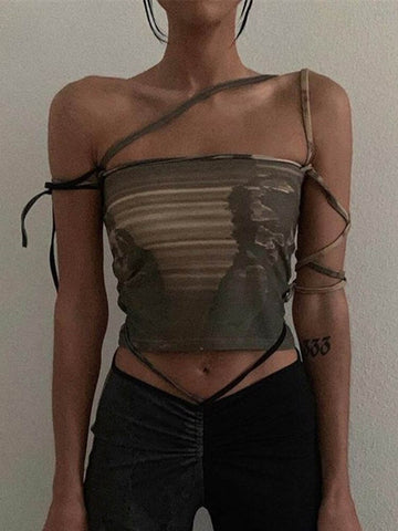 Lace Up Off Shoulder Damen Crop Tops Punk Gothic Camis Hip Hop Bodycon Ärmellos Vintgae Print 90er Streetwear 