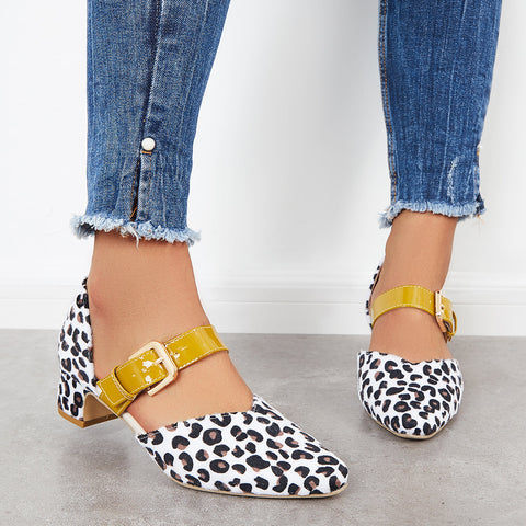 Block Low Heel Mary Jane Pumps Pointed Toe Buckle Dress Shoes