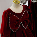 Vestido de niña de las flores para comunión, elegante vestido de princesa de manga larga con lazo de terciopelo rojo 