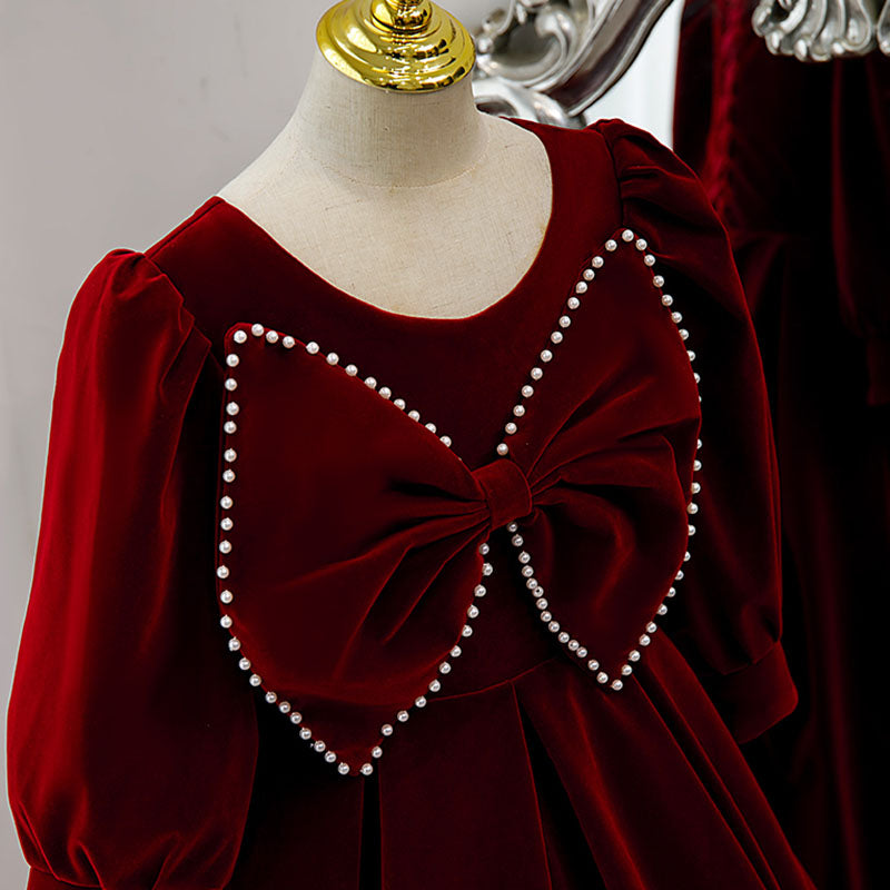 Vestido de niña de las flores para comunión, elegante vestido de princesa de manga larga con lazo de terciopelo rojo 